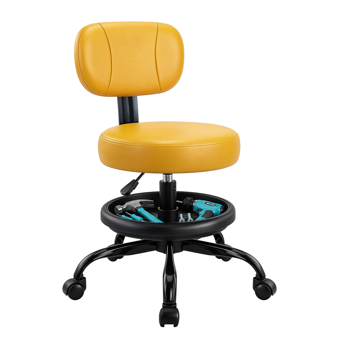 Rolling Garage Mechanic Shop Stool with Backrest, Height Adjustable Heavy Duty Swivel Task Chair with Footrest & Storage Tray, Mobile Workshop Stool for Auto Repair, Salon, Lab, Tattoo Shop