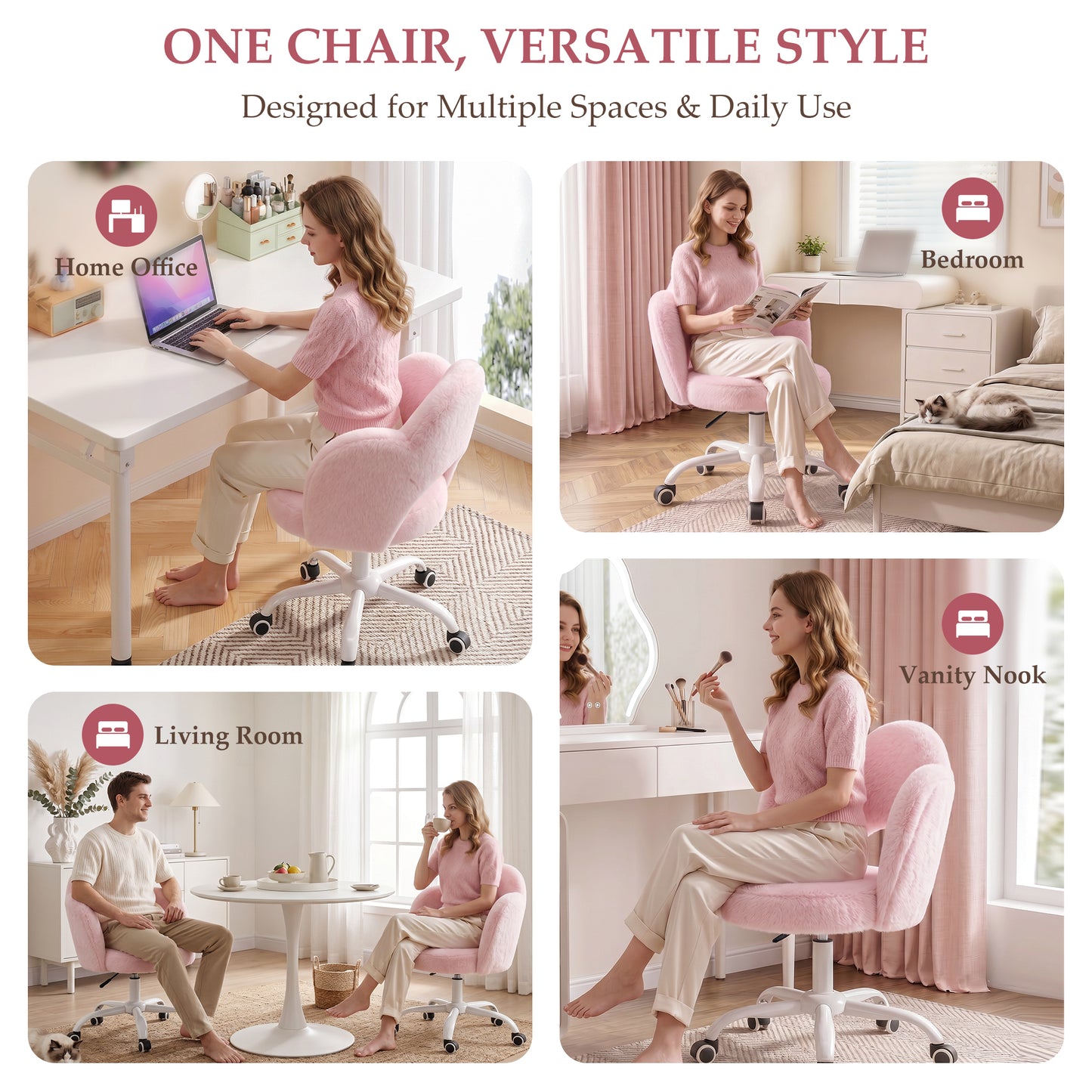 FIDOM Vanity Chair with Wheels, Fluffy Rolling Desk Chair for Students, Cute Cloud Girlish Makeup Chair for Bedroom, Aesthetic Room Decor Office Chair for Women & Girls