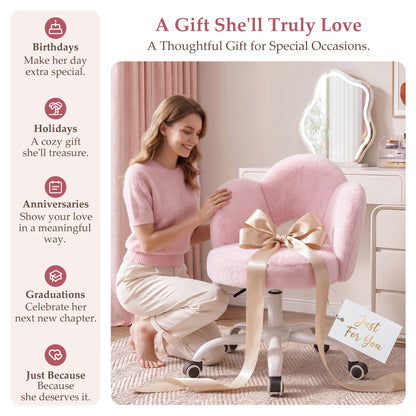 FIDOM Vanity Chair with Wheels, Fluffy Rolling Desk Chair for Students, Cute Cloud Girlish Makeup Chair for Bedroom, Aesthetic Room Decor Office Chair for Women & Girls