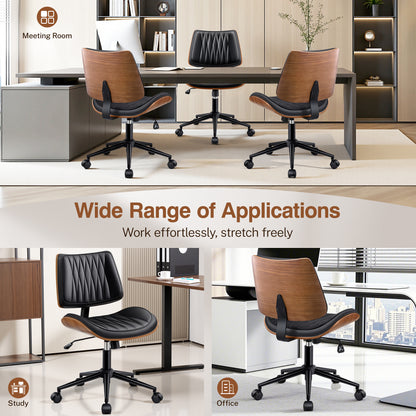 Ergonomic Armless Office Desk Chair - Mid-Century Modern Black Faux Leather with Diamond Stitch, Adjustable Height Swivel Rolling Task Computer Chair with Walnut Accent for Home Office, Study & Work