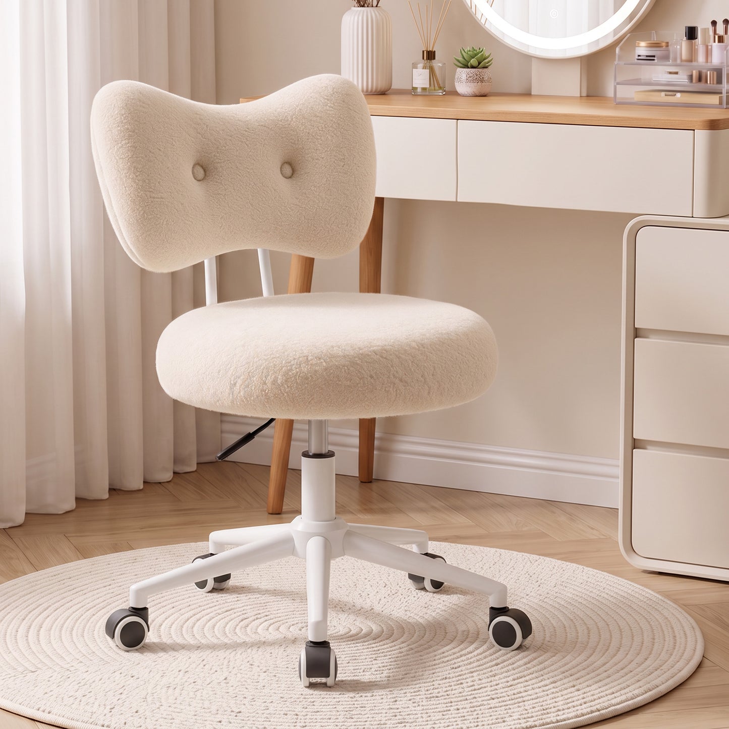 Office Vanity Chair with Wheels Comfy Desk Chair with Back for Girls Women, Height Adjustable, 360°Rolling Swivel, for Makeup Living Room Bedroom Home Office Task, Modern Stylish and Comfortable