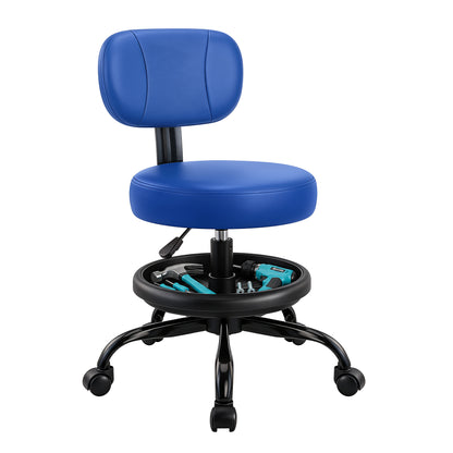 Rolling Garage Mechanic Shop Stool with Backrest, Height Adjustable Heavy Duty Swivel Task Chair with Footrest & Storage Tray, Mobile Workshop Stool for Auto Repair, Salon, Lab, Tattoo Shop