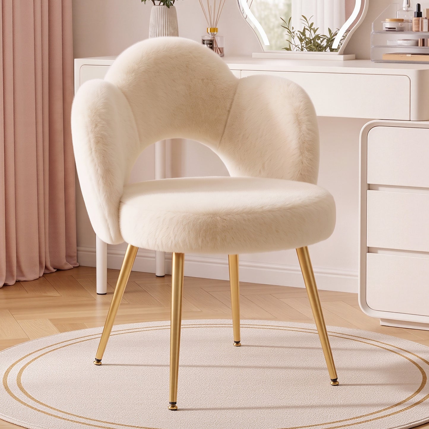 FIDOM Faux Fur Vanity Chair with 3.15" Thick Cushion, Cloud Makeup Chair with Gold Legs for Girls Women, Aesthetic Armless Desk Chair No Wheels for Bedroom, Dorm & Home Office