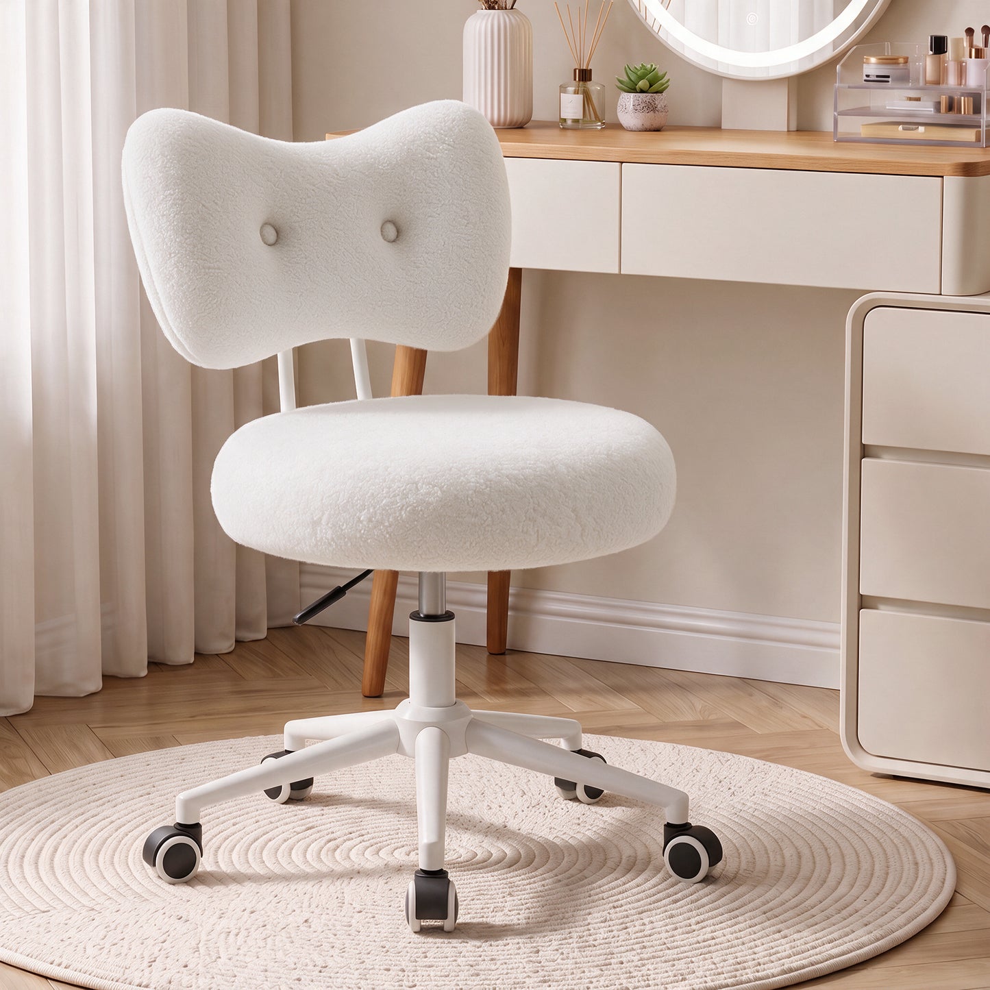 Office Vanity Chair with Wheels Comfy Desk Chair with Back for Girls Women, Height Adjustable, 360°Rolling Swivel, for Makeup Living Room Bedroom Home Office Task, Modern Stylish and Comfortable