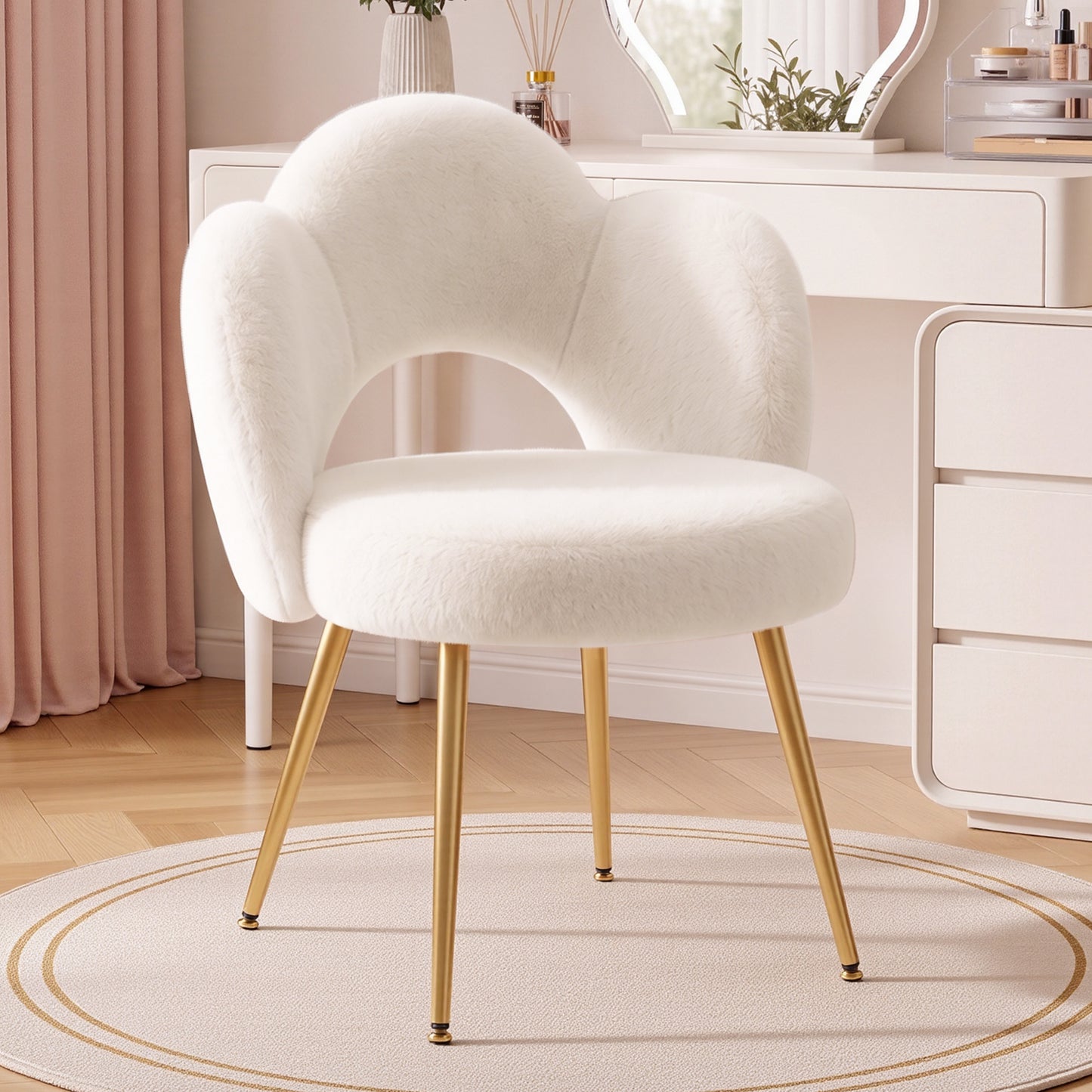 FIDOM Faux Fur Vanity Chair with 3.15" Thick Cushion, Cloud Makeup Chair with Gold Legs for Girls Women, Aesthetic Armless Desk Chair No Wheels for Bedroom, Dorm & Home Office