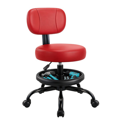Rolling Garage Mechanic Shop Stool with Backrest, Height Adjustable Heavy Duty Swivel Task Chair with Footrest & Storage Tray, Mobile Workshop Stool for Auto Repair, Salon, Lab, Tattoo Shop