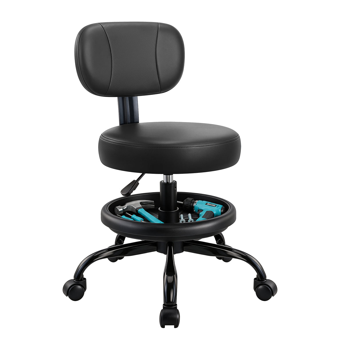 Rolling Garage Mechanic Shop Stool with Backrest, Height Adjustable Heavy Duty Swivel Task Chair with Footrest & Storage Tray, Mobile Workshop Stool for Auto Repair, Salon, Lab, Tattoo Shop