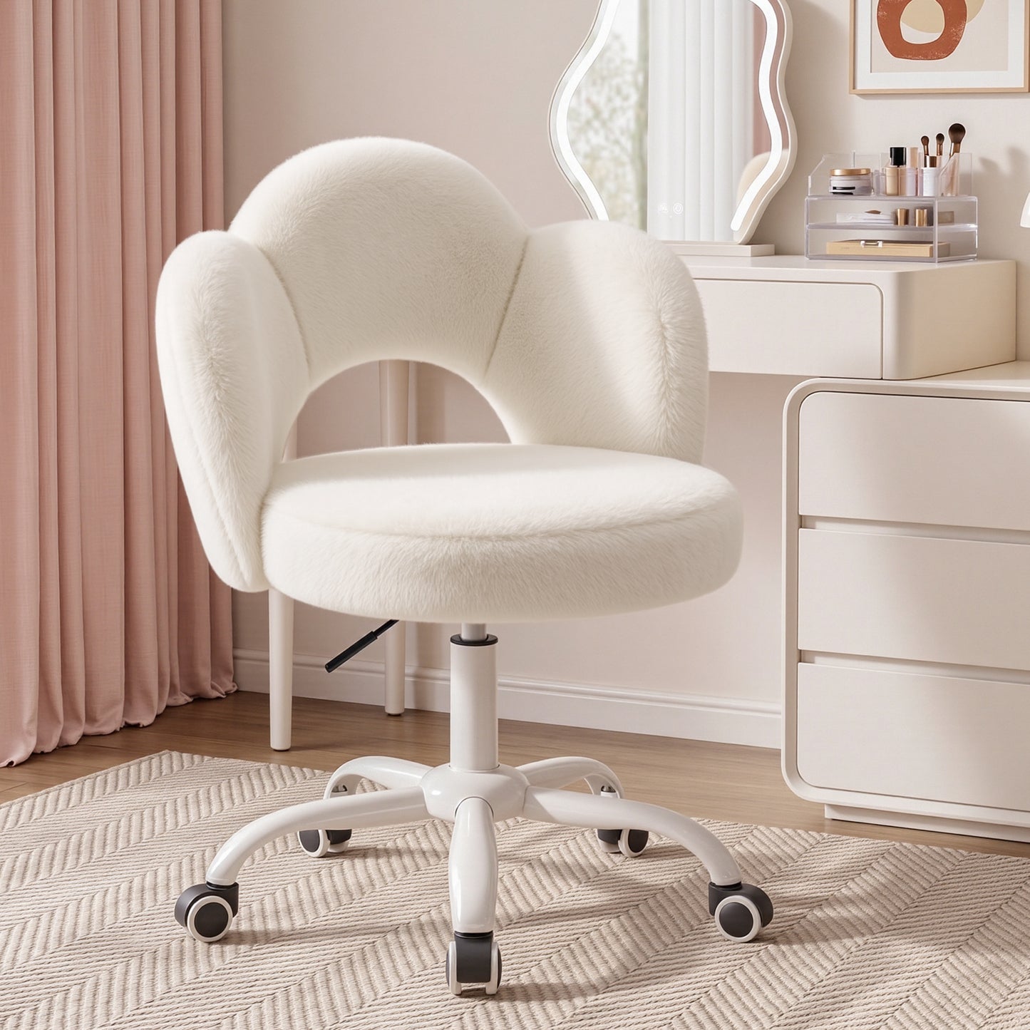 FIDOM Vanity Chair with Wheels, Fluffy Rolling Desk Chair for Students, Cute Cloud Girlish Makeup Chair for Bedroom, Aesthetic Room Decor Office Chair for Women & Girls