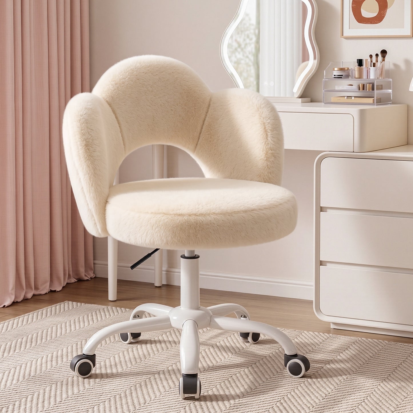 FIDOM Vanity Chair with Wheels, Fluffy Rolling Desk Chair for Students, Cute Cloud Girlish Makeup Chair for Bedroom, Aesthetic Room Decor Office Chair for Women & Girls