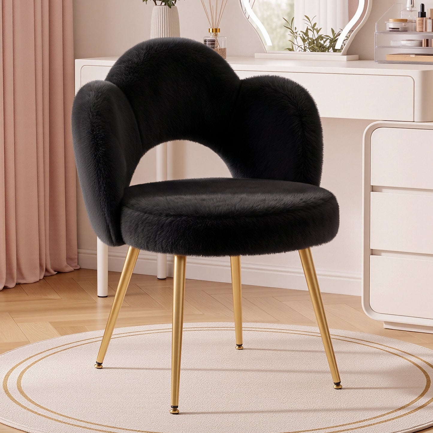 FIDOM Faux Fur Vanity Chair with 3.15" Thick Cushion, Cloud Makeup Chair with Gold Legs for Girls Women, Aesthetic Armless Desk Chair No Wheels for Bedroom, Dorm & Home Office