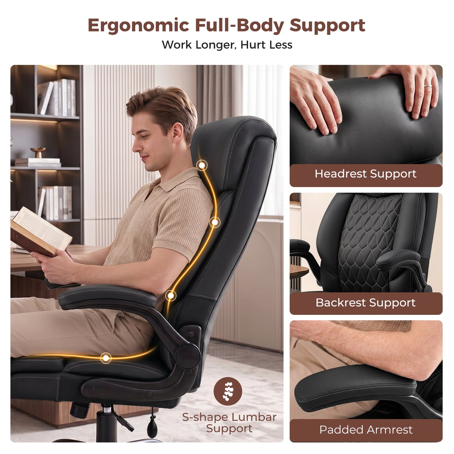 Executive Office Chair, Ergonomic Leather Computer Desk Chair with Adjustable Lumbar Support &amp; Flip-Up Arms, High Back Comfortable Office Chair for Home Office Gaming