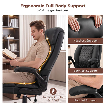 Executive Office Chair, Ergonomic Leather Computer Desk Chair with Adjustable Lumbar Support &amp; Flip-Up Arms, High Back Comfortable Office Chair for Home Office Gaming