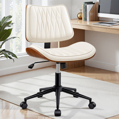 Ergonomic Armless Office Desk Chair - Mid-Century Modern Black Faux Leather with Diamond Stitch, Adjustable Height Swivel Rolling Task Computer Chair with Walnut Accent for Home Office, Study & Work