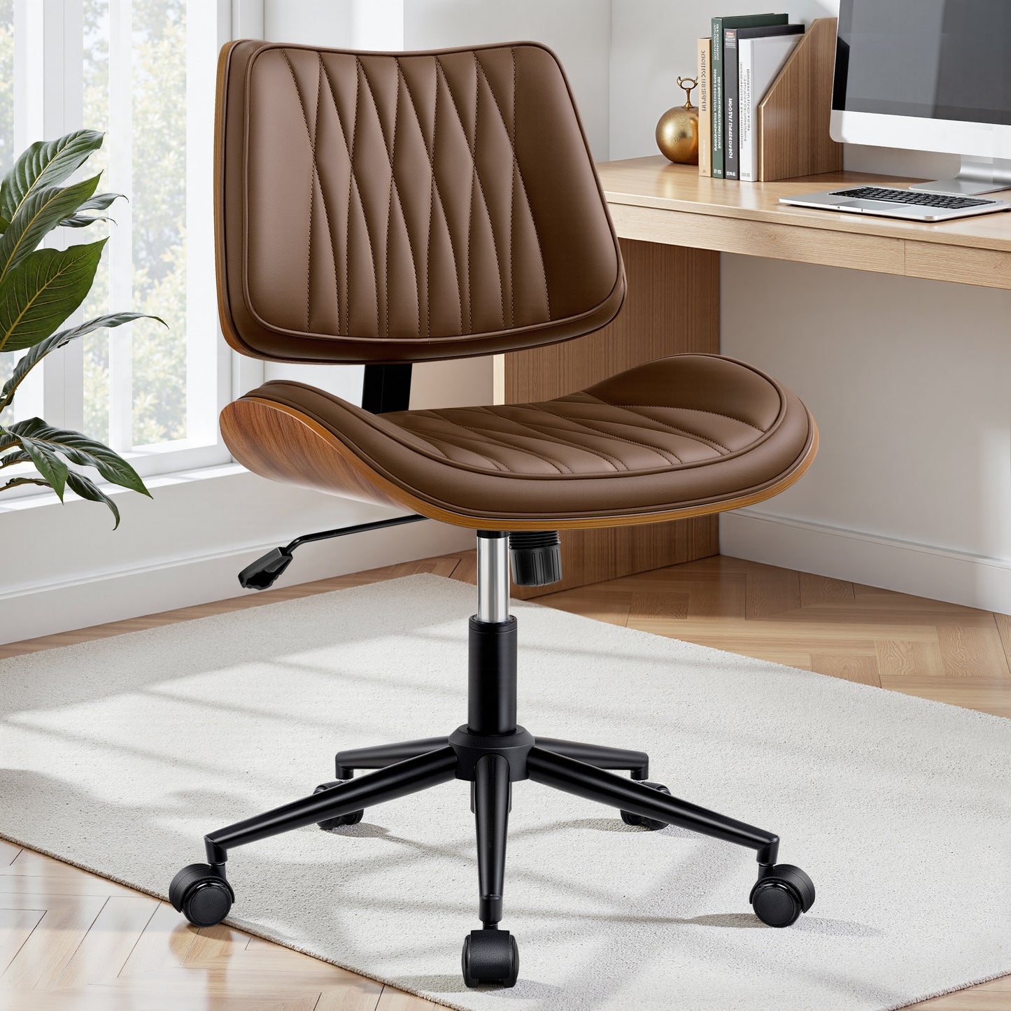 Ergonomic Armless Office Desk Chair - Mid-Century Modern Black Faux Leather with Diamond Stitch, Adjustable Height Swivel Rolling Task Computer Chair with Walnut Accent for Home Office, Study & Work