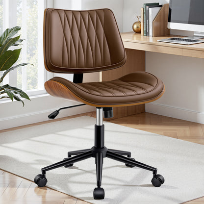 Ergonomic Armless Office Desk Chair - Mid-Century Modern Black Faux Leather with Diamond Stitch, Adjustable Height Swivel Rolling Task Computer Chair with Walnut Accent for Home Office, Study & Work