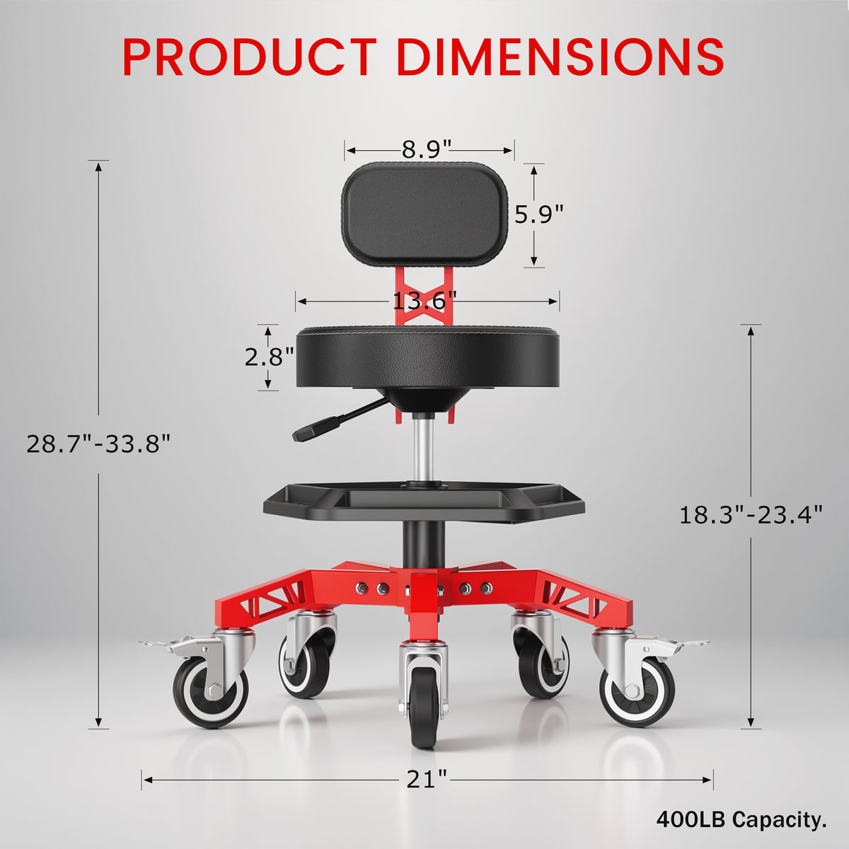 FIDOM Heavy Duty Rolling Mechanic Stool with Backrest for Garage & Shop, 400 lb Capacity, Steel Base, Tool Tray, Adjustable Height, Dual Locking Casters, 2.8" Thick Cushion, Rolling Shop Chair