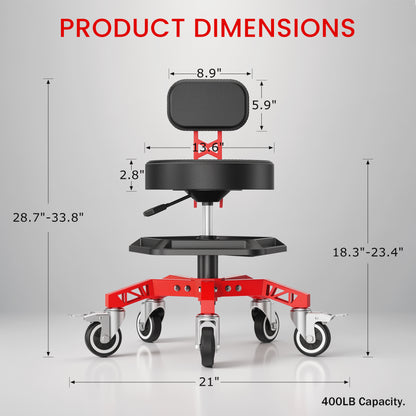 FIDOM Heavy Duty Rolling Mechanic Stool with Backrest for Garage & Shop, 400 lb Capacity, Steel Base, Tool Tray, Adjustable Height, Dual Locking Casters, 2.8" Thick Cushion, Rolling Shop Chair
