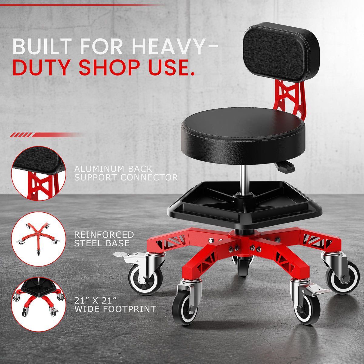 FIDOM Heavy Duty Rolling Mechanic Stool with Backrest for Garage & Shop, 400 lb Capacity, Steel Base, Tool Tray, Adjustable Height, Dual Locking Casters, 2.8" Thick Cushion, Rolling Shop Chair