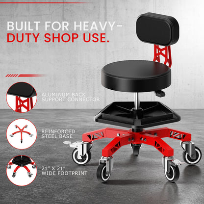 FIDOM Heavy Duty Rolling Mechanic Stool with Backrest for Garage & Shop, 400 lb Capacity, Steel Base, Tool Tray, Adjustable Height, Dual Locking Casters, 2.8" Thick Cushion, Rolling Shop Chair