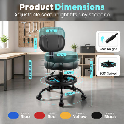 Rolling Garage Mechanic Shop Stool with Backrest, Height Adjustable Heavy Duty Swivel Task Chair with Footrest & Storage Tray, Mobile Workshop Stool for Auto Repair, Salon, Lab, Tattoo Shop