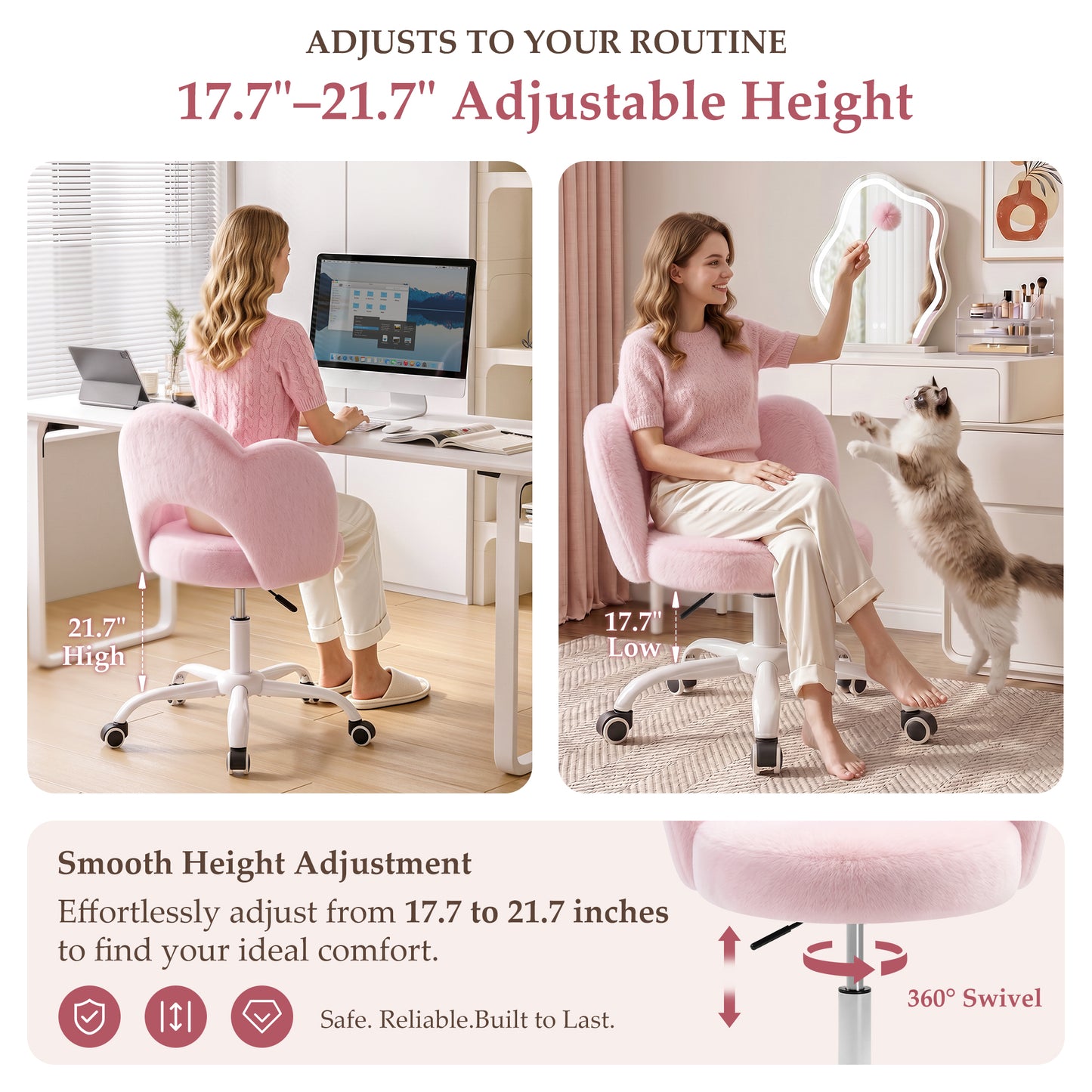 FIDOM Vanity Chair with Wheels, Fluffy Rolling Desk Chair for Students, Cute Cloud Girlish Makeup Chair for Bedroom, Aesthetic Room Decor Office Chair for Women & Girls