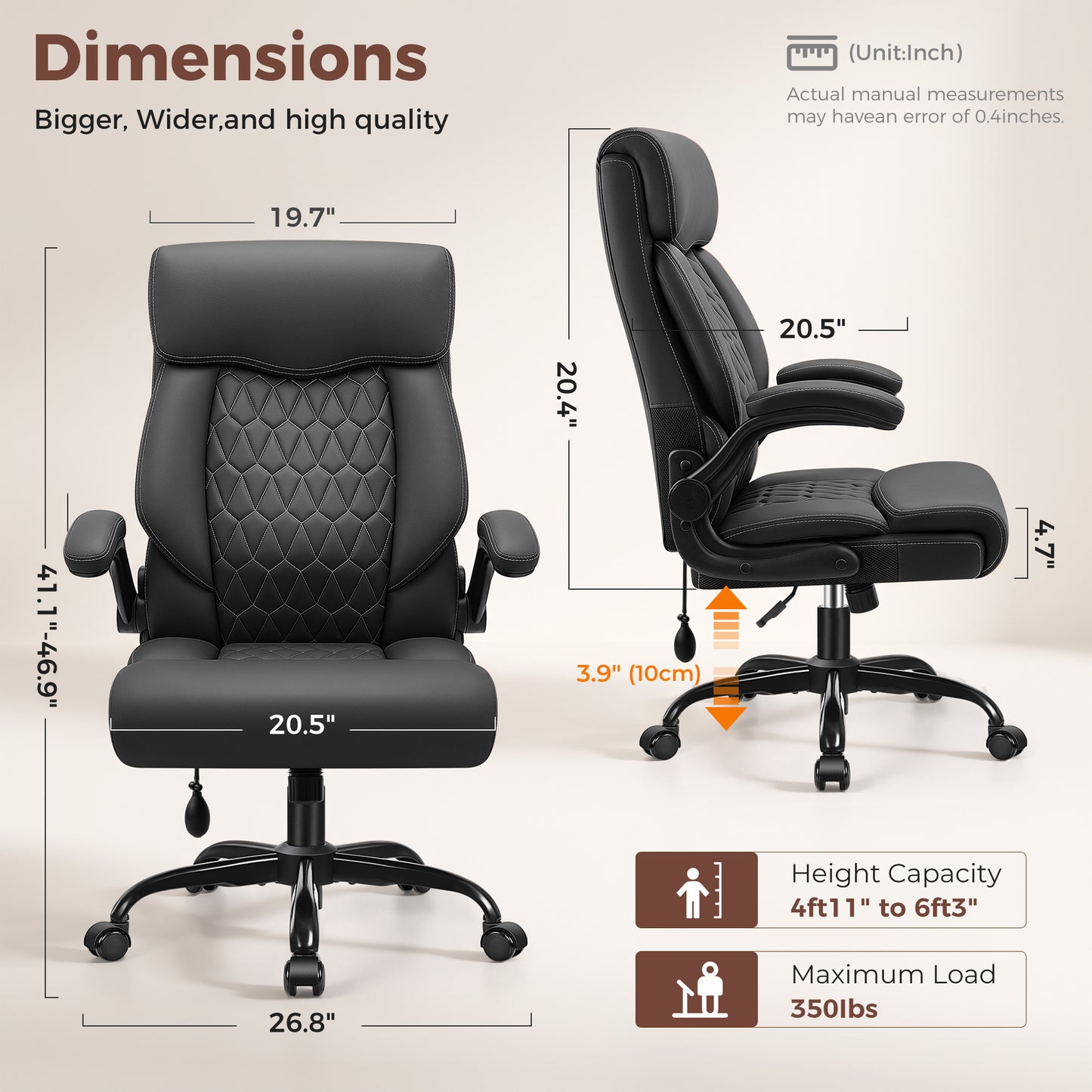 Executive Office Chair, Ergonomic Leather Computer Desk Chair with Adjustable Lumbar Support &amp; Flip-Up Arms, High Back Comfortable Office Chair for Home Office Gaming