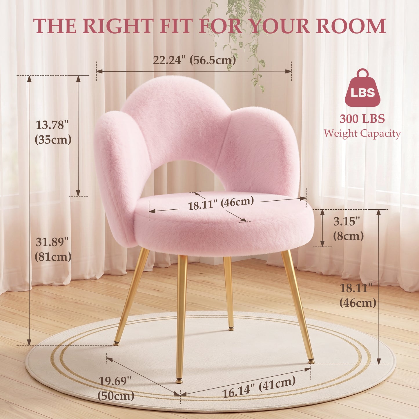 FIDOM Faux Fur Vanity Chair with 3.15" Thick Cushion, Cloud Makeup Chair with Gold Legs for Girls Women, Aesthetic Armless Desk Chair No Wheels for Bedroom, Dorm & Home Office