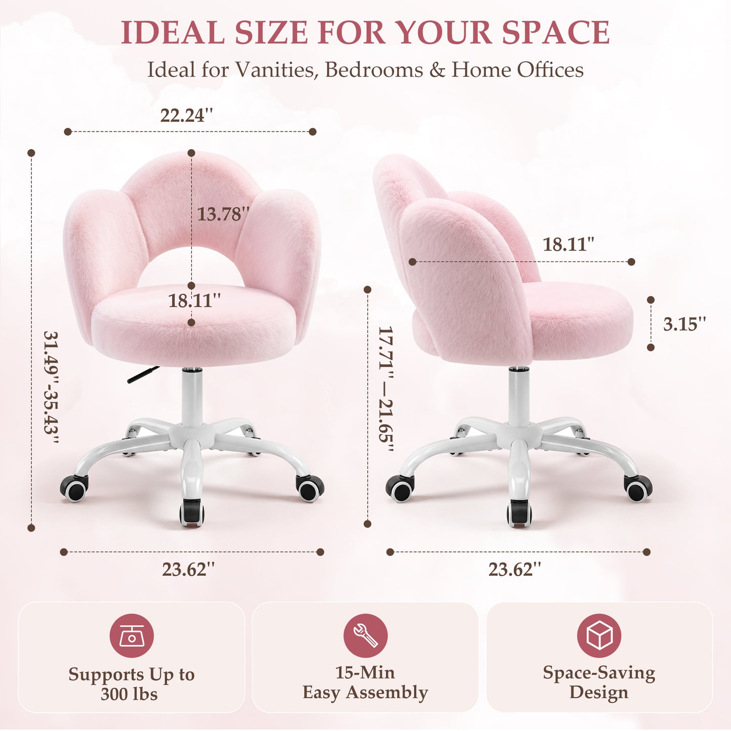 FIDOM Vanity Chair with Wheels, Fluffy Rolling Desk Chair for Students, Cute Cloud Girlish Makeup Chair for Bedroom, Aesthetic Room Decor Office Chair for Women & Girls