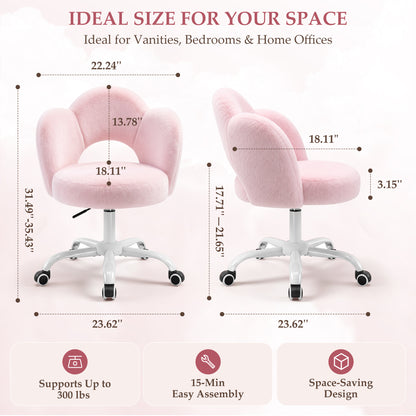 FIDOM Vanity Chair with Wheels, Fluffy Rolling Desk Chair for Students, Cute Cloud Girlish Makeup Chair for Bedroom, Aesthetic Room Decor Office Chair for Women & Girls