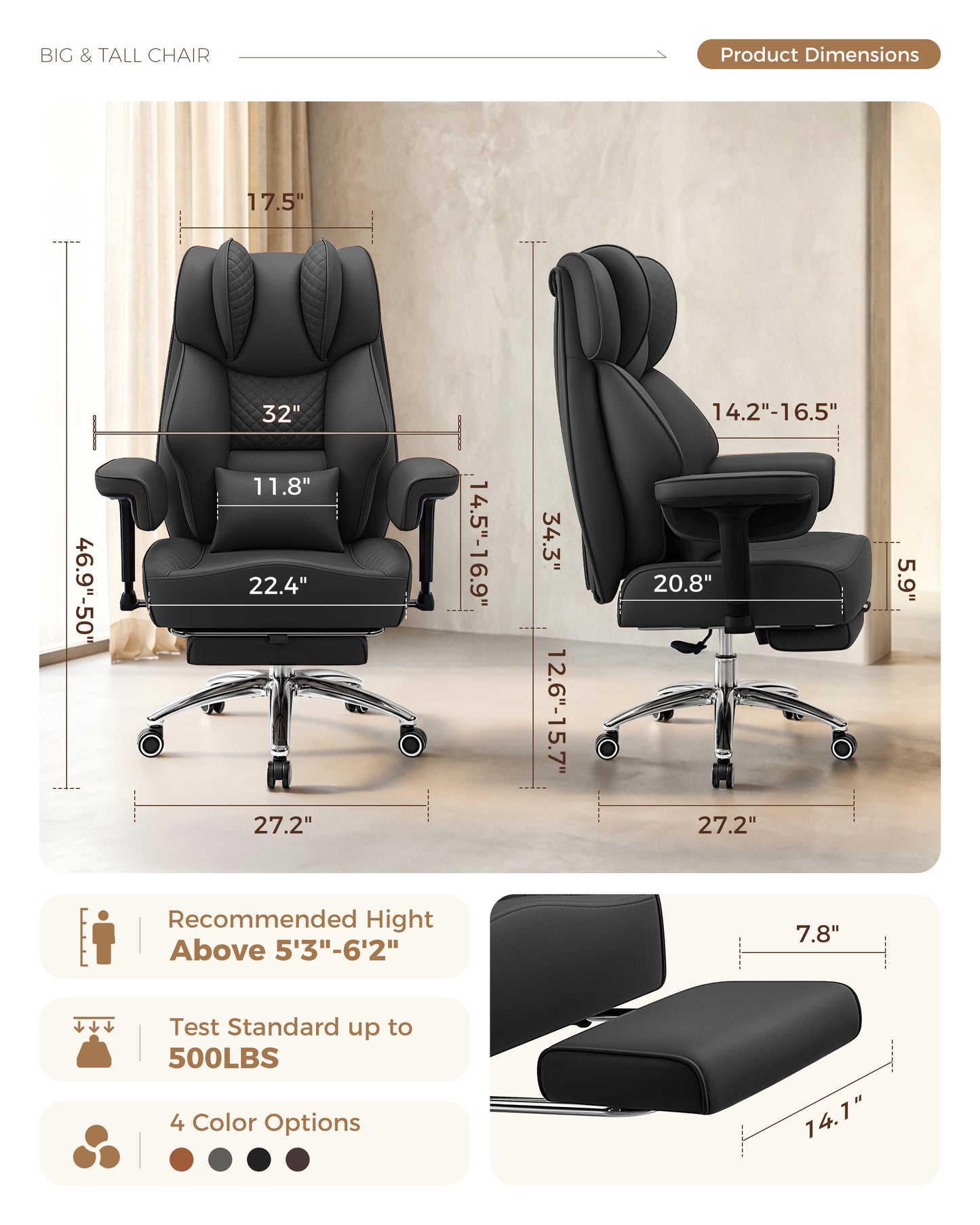 FIDOM Big and Tall Office Chair, Heavy Duty Computer Desk Chair with FootRest & Ergonomic Lumbar Support, High Back Executive Leather Chair for Home Office Gaming