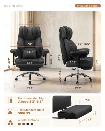 FIDOM Big and Tall Office Chair, Heavy Duty Computer Desk Chair with FootRest & Ergonomic Lumbar Support, High Back Executive Leather Chair for Home Office Gaming