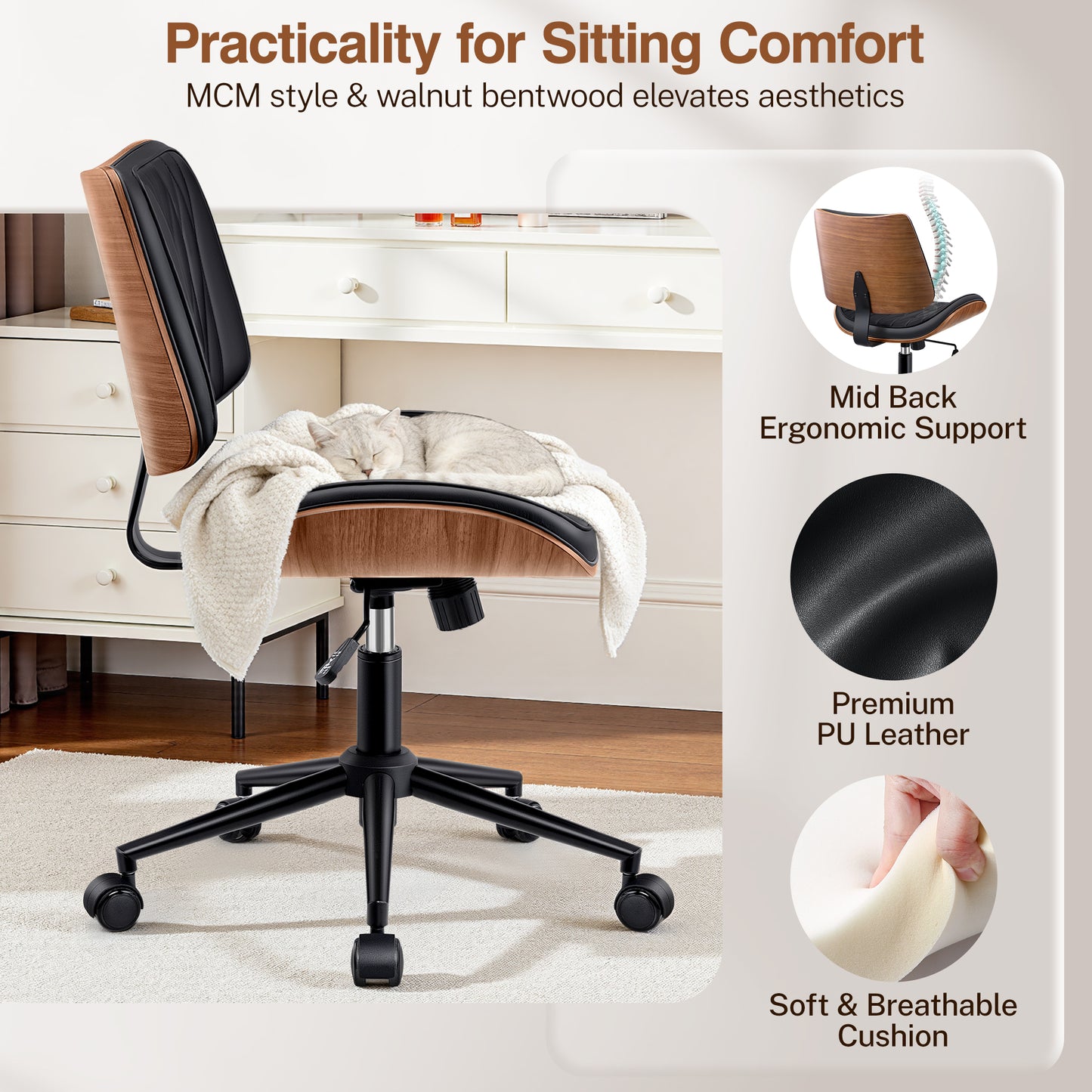 Ergonomic Armless Office Desk Chair - Mid-Century Modern Black Faux Leather with Diamond Stitch, Adjustable Height Swivel Rolling Task Computer Chair with Walnut Accent for Home Office, Study & Work