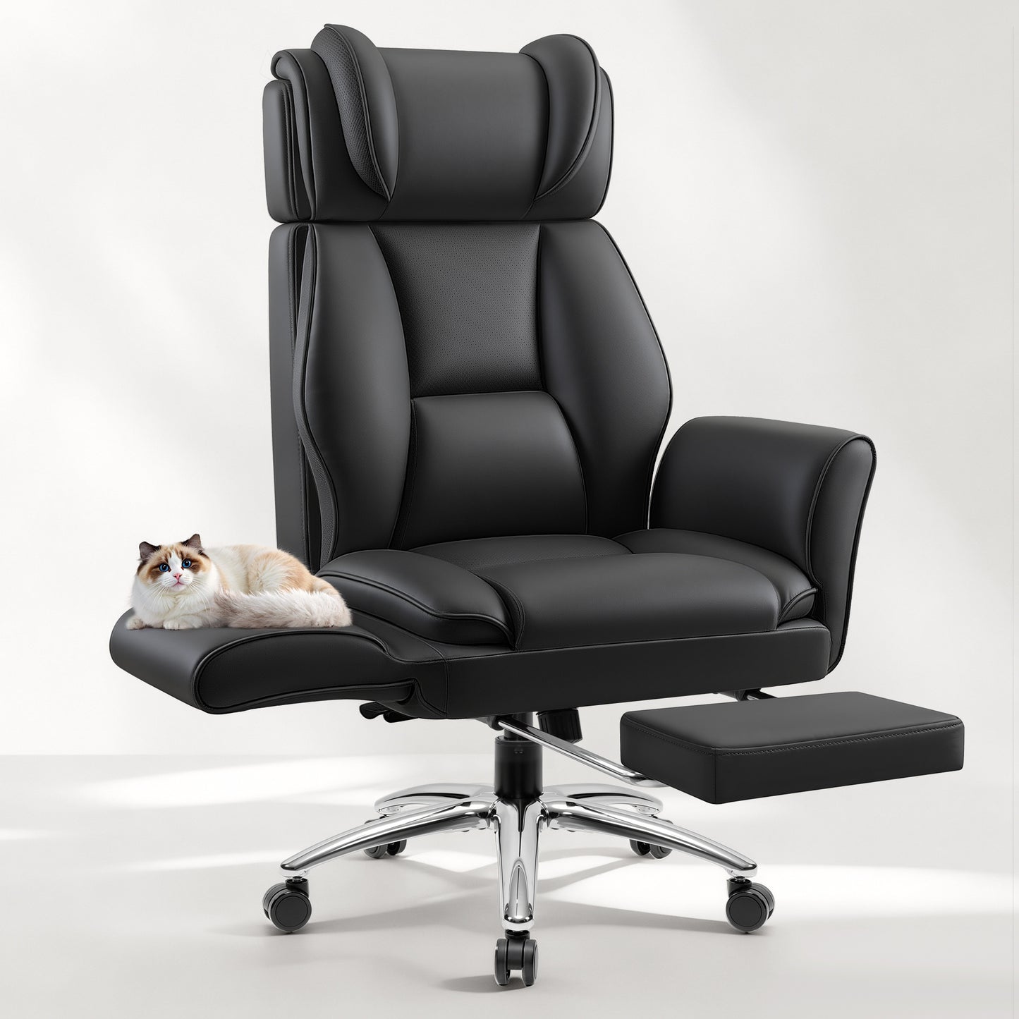 Big and Tall Office Chair, Flip Armrests for Cross Legged Sitting, Ergonomic Leather Executive Desk Chair with Foot Rest, High-Back Reclining Computer Chairs for Office Home Game