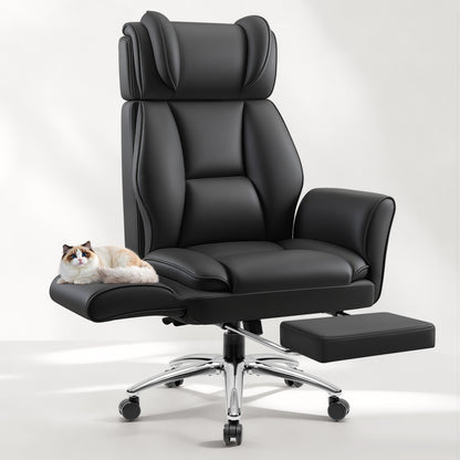 Big and Tall Office Chair, Flip Armrests for Cross Legged Sitting, Ergonomic Leather Executive Desk Chair with Foot Rest, High-Back Reclining Computer Chairs for Office Home Game