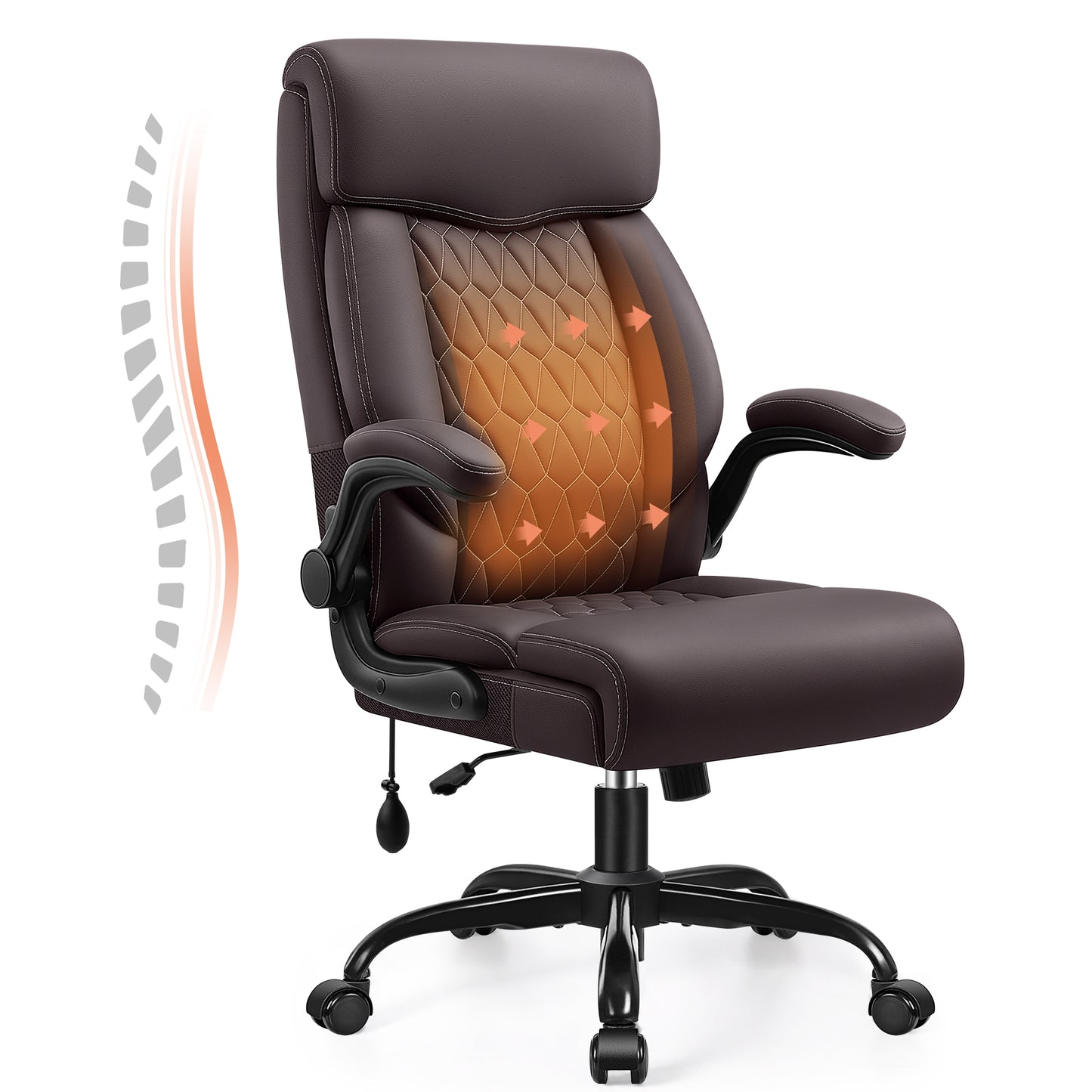 Executive Office Chair, Ergonomic Leather Computer Desk Chair with Adjustable Lumbar Support &amp; Flip-Up Arms, High Back Comfortable Office Chair for Home Office Gaming