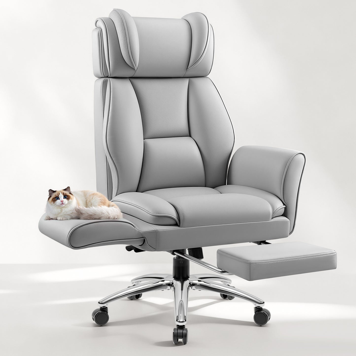 Big and Tall Office Chair, Flip Armrests for Cross Legged Sitting, Ergonomic Leather Executive Desk Chair with Foot Rest, High-Back Reclining Computer Chairs for Office Home Game