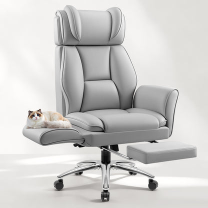 Big and Tall Office Chair, Flip Armrests for Cross Legged Sitting, Ergonomic Leather Executive Desk Chair with Foot Rest, High-Back Reclining Computer Chairs for Office Home Game