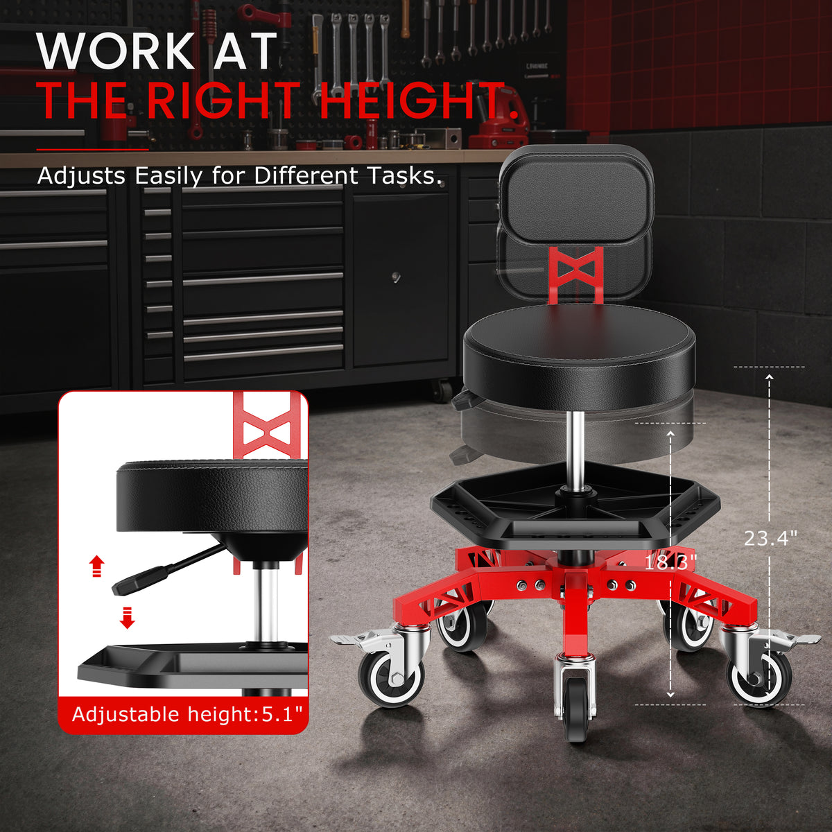 FIDOM Heavy Duty Rolling Mechanic Stool with Backrest for Garage & Shop, 400 lb Capacity, Steel Base, Tool Tray, Adjustable Height, Dual Locking Casters, 2.8" Thick Cushion, Rolling Shop Chair