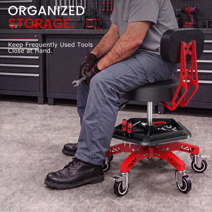 FIDOM Heavy Duty Rolling Mechanic Stool with Backrest for Garage & Shop, 400 lb Capacity, Steel Base, Tool Tray, Adjustable Height, Dual Locking Casters, 2.8" Thick Cushion, Rolling Shop Chair