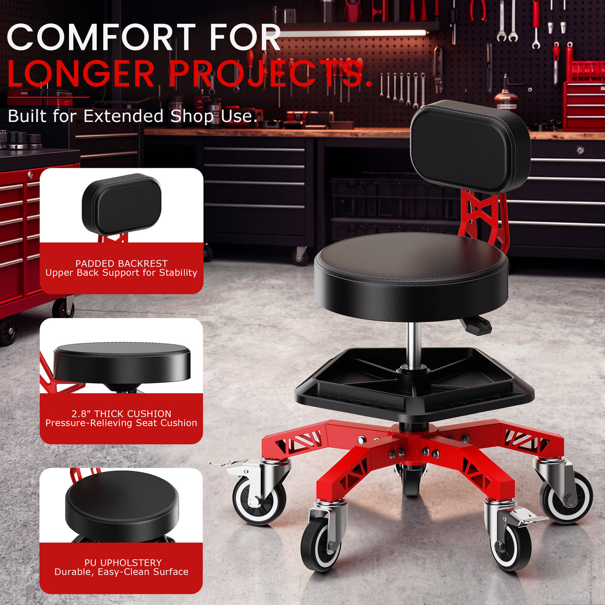 FIDOM Heavy Duty Rolling Mechanic Stool with Backrest for Garage & Shop, 400 lb Capacity, Steel Base, Tool Tray, Adjustable Height, Dual Locking Casters, 2.8" Thick Cushion, Rolling Shop Chair