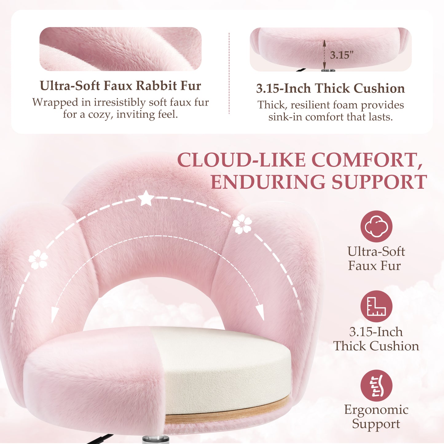 FIDOM Vanity Chair with Wheels, Fluffy Rolling Desk Chair for Students, Cute Cloud Girlish Makeup Chair for Bedroom, Aesthetic Room Decor Office Chair for Women & Girls