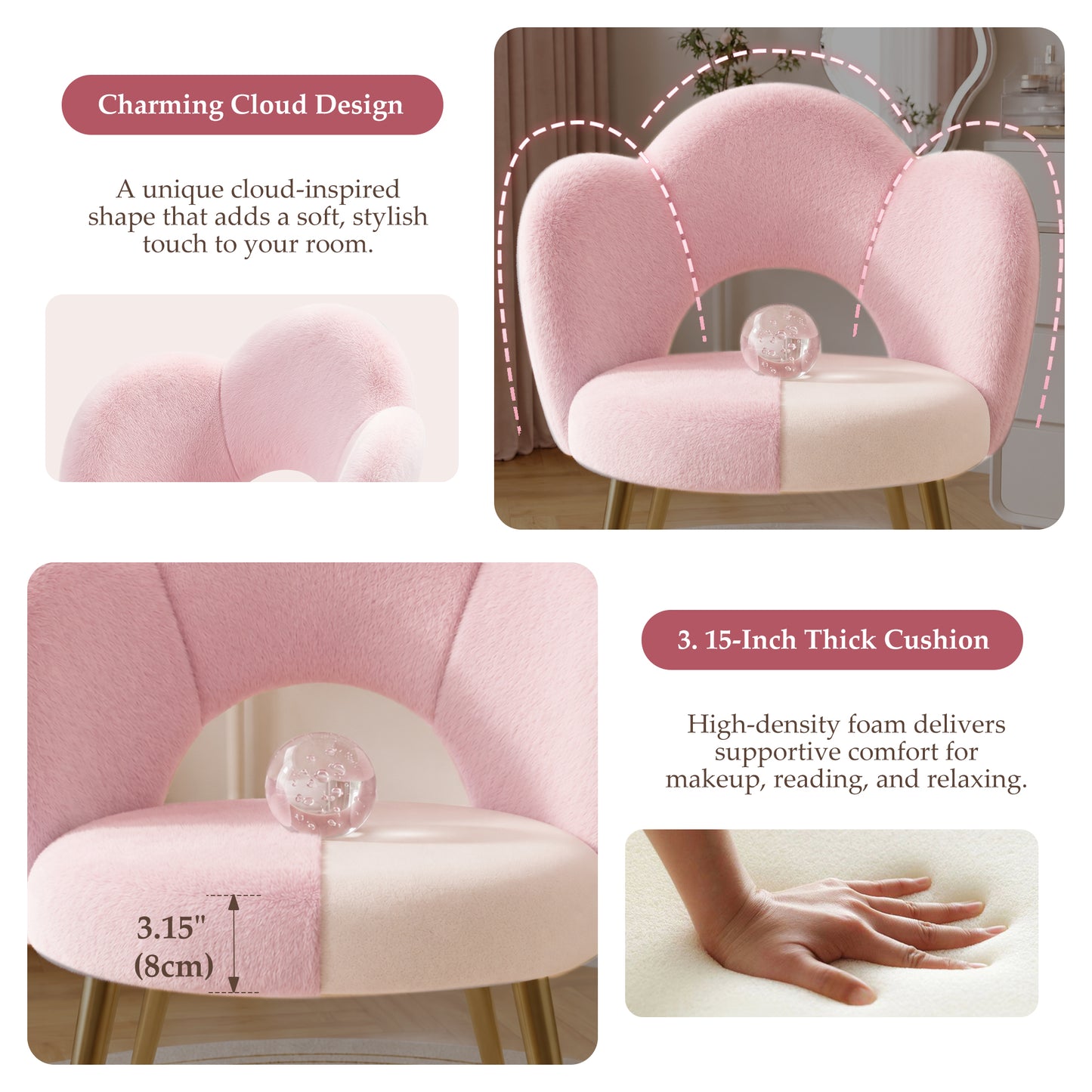 FIDOM Faux Fur Vanity Chair with 3.15" Thick Cushion, Cloud Makeup Chair with Gold Legs for Girls Women, Aesthetic Armless Desk Chair No Wheels for Bedroom, Dorm & Home Office
