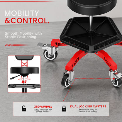 FIDOM Heavy Duty Rolling Mechanic Stool with Backrest for Garage & Shop, 400 lb Capacity, Steel Base, Tool Tray, Adjustable Height, Dual Locking Casters, 2.8" Thick Cushion, Rolling Shop Chair