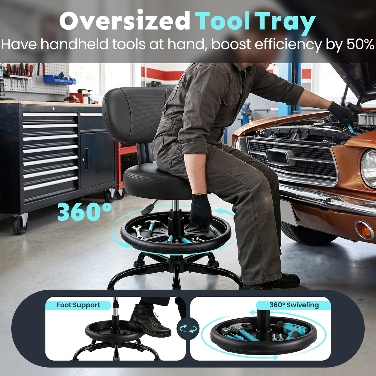 Rolling Garage Mechanic Shop Stool with Backrest, Height Adjustable Heavy Duty Swivel Task Chair with Footrest & Storage Tray, Mobile Workshop Stool for Auto Repair, Salon, Lab, Tattoo Shop