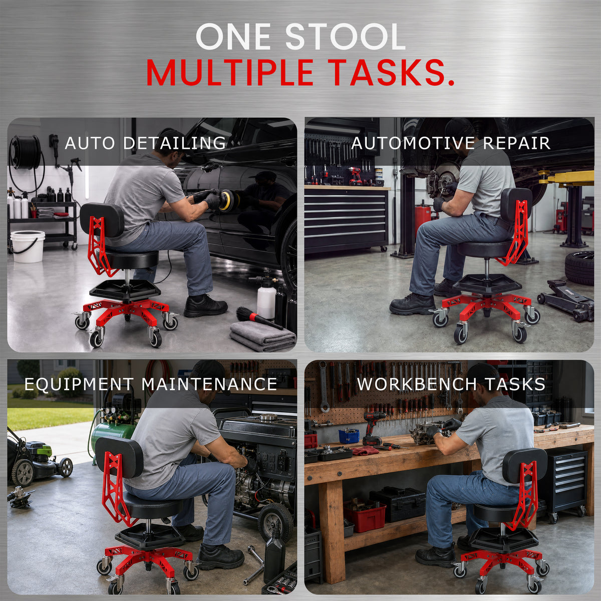 FIDOM Heavy Duty Rolling Mechanic Stool with Backrest for Garage & Shop, 400 lb Capacity, Steel Base, Tool Tray, Adjustable Height, Dual Locking Casters, 2.8" Thick Cushion, Rolling Shop Chair