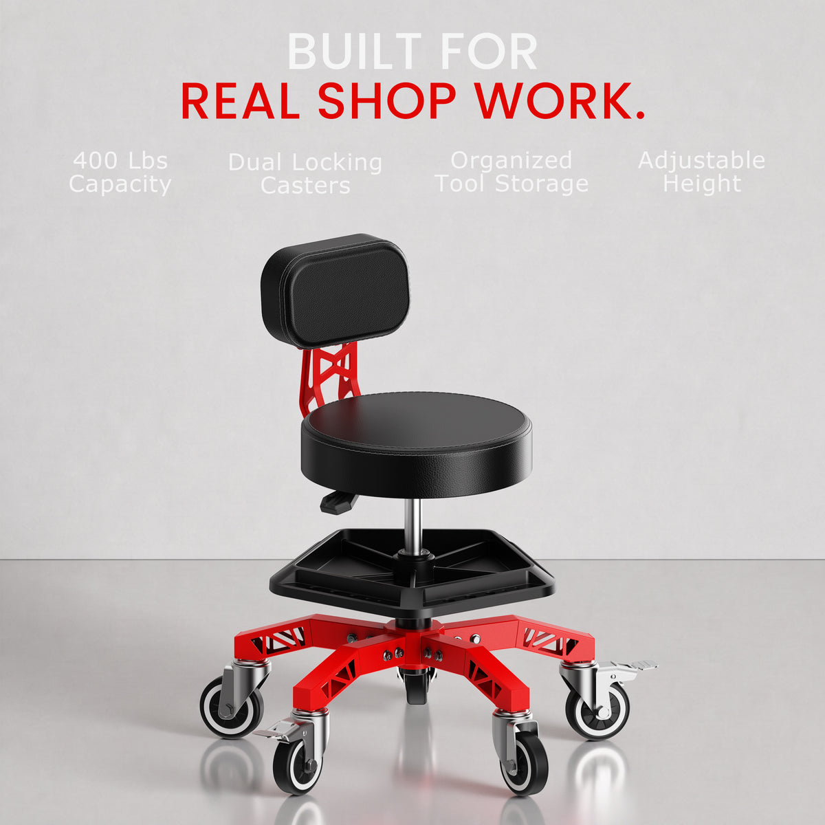 FIDOM Heavy Duty Rolling Mechanic Stool with Backrest for Garage & Shop, 400 lb Capacity, Steel Base, Tool Tray, Adjustable Height, Dual Locking Casters, 2.8" Thick Cushion, Rolling Shop Chair
