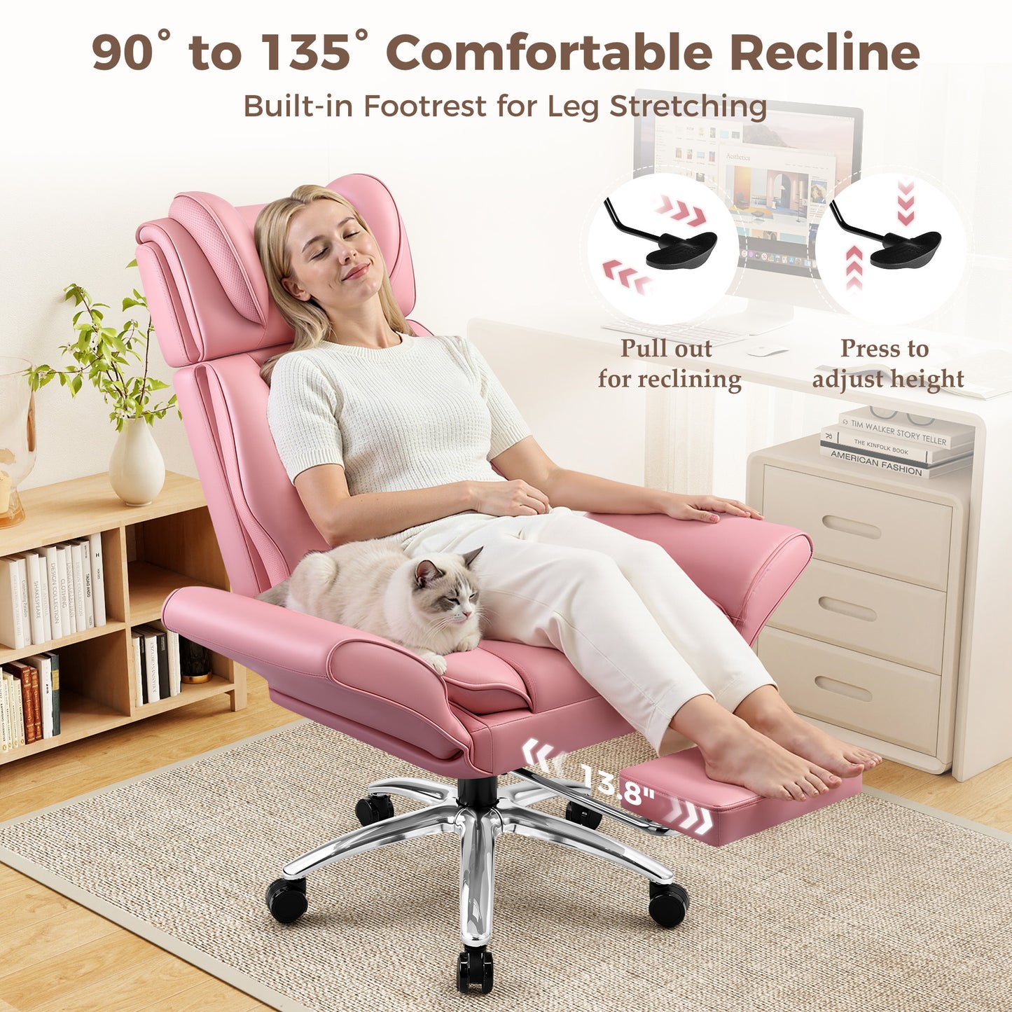 Big and Tall Office Chair, Flip Armrests for Cross Legged Sitting, Ergonomic Leather Executive Desk Chair with Foot Rest, High-Back Reclining Computer Chairs for Office Home Game