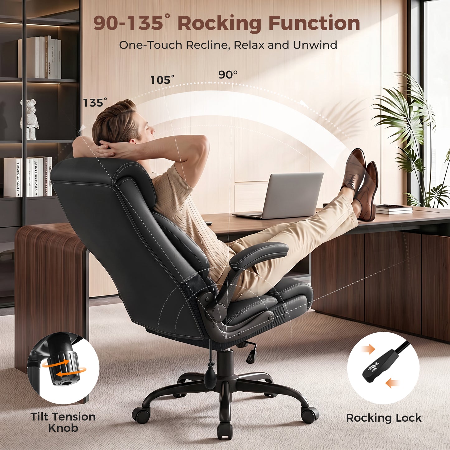 Executive Office Chair, Ergonomic Leather Computer Desk Chair with Adjustable Lumbar Support &amp; Flip-Up Arms, High Back Comfortable Office Chair for Home Office Gaming