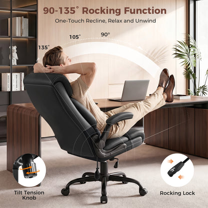 Executive Office Chair, Ergonomic Leather Computer Desk Chair with Adjustable Lumbar Support &amp; Flip-Up Arms, High Back Comfortable Office Chair for Home Office Gaming