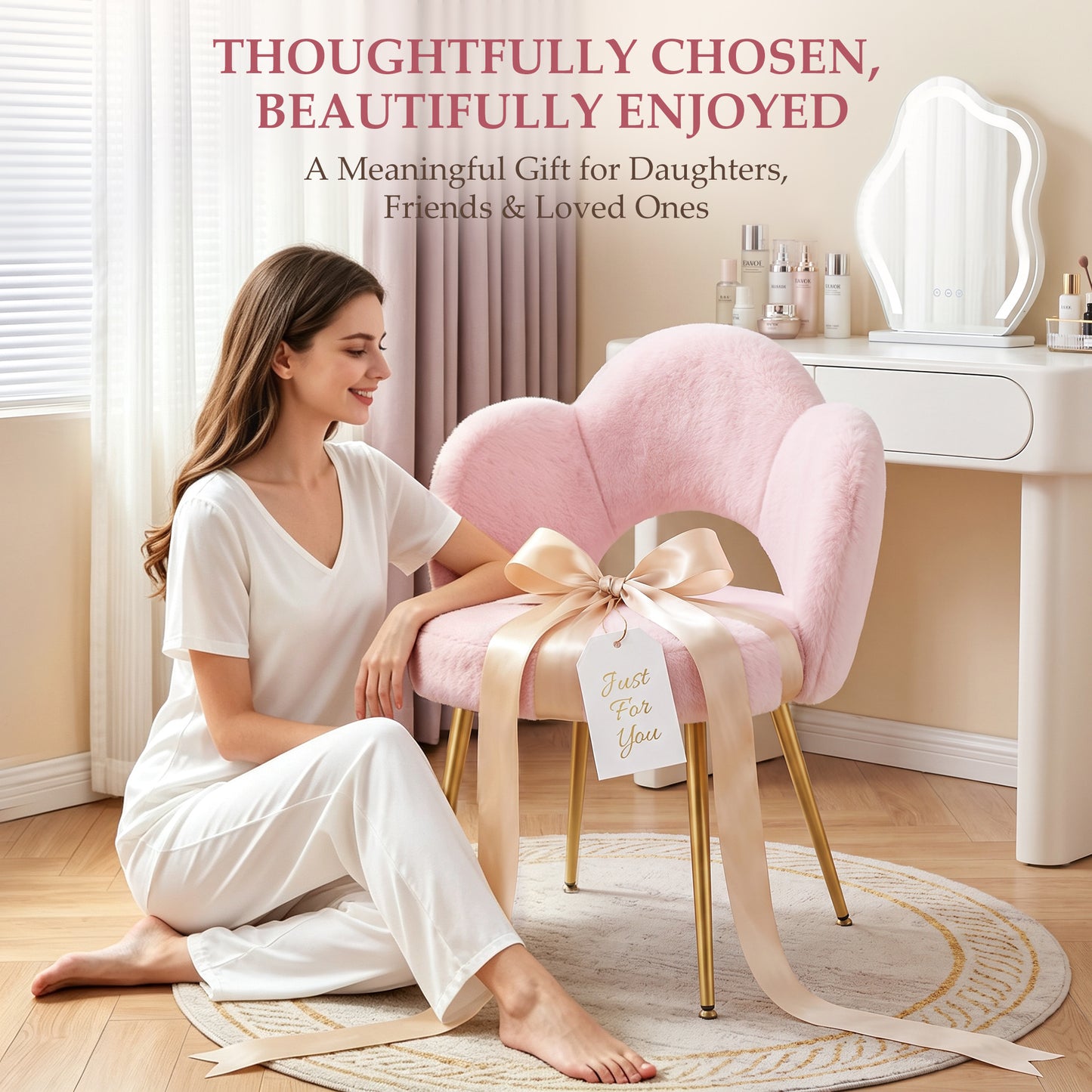 FIDOM Faux Fur Vanity Chair with 3.15" Thick Cushion, Cloud Makeup Chair with Gold Legs for Girls Women, Aesthetic Armless Desk Chair No Wheels for Bedroom, Dorm & Home Office